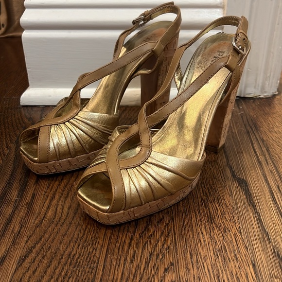 Prada Gold and Tan Peep Toe Sling Back Cork Platform Sandal - Picture 2 of 10
